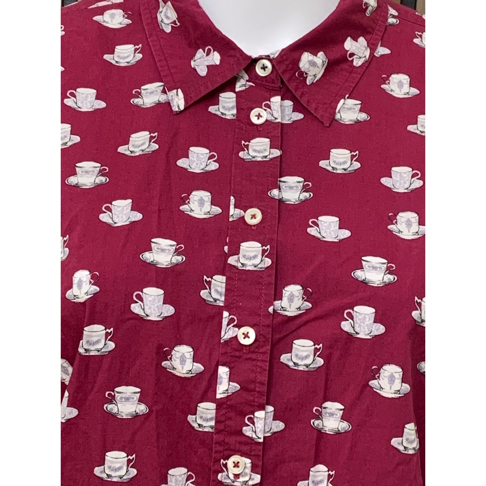 Talbots Women's Burgundy Teacup Print Cotton Button Down Shirt M Long Sleeve - Picture 2 of 9